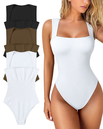 ✈️Kjøp 2 og få gratis frakt✈️Bodysuits for kvinner Sexy Ribbete Strappy Firkantet Hals Ermeløs Magekontroll Tank Topper Bodysuits